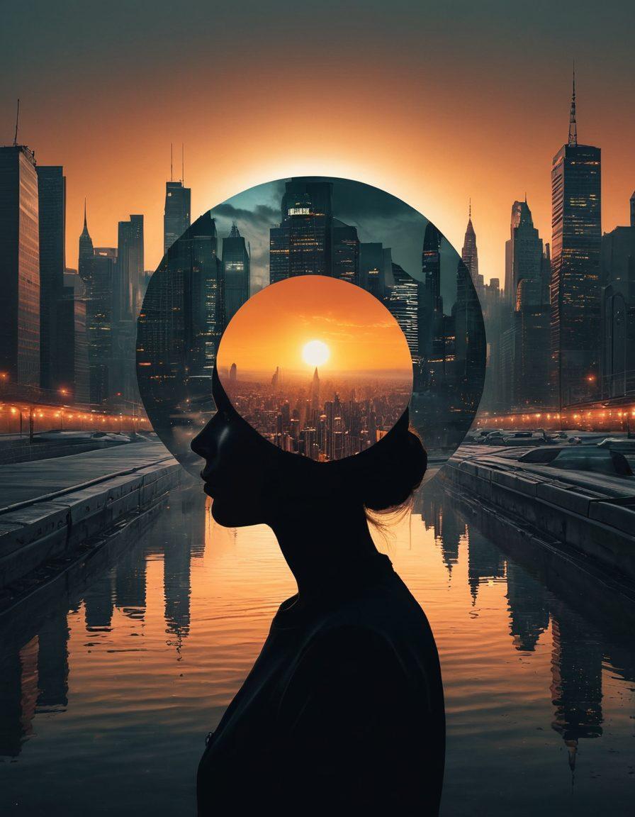 A thought-provoking collage featuring shadowy figures representing societal structures, with fragmented images of digital screens displaying explicit content. The background should include a cityscape fading into a blurred focus, symbolizing the disconnect between reality and online influences. Incorporate contrasting elements like broken chains and a rising sun to represent hope and awareness. The overall tone should evoke a sense of urgency and reflection. surrealism. dark tones with bright highlights.