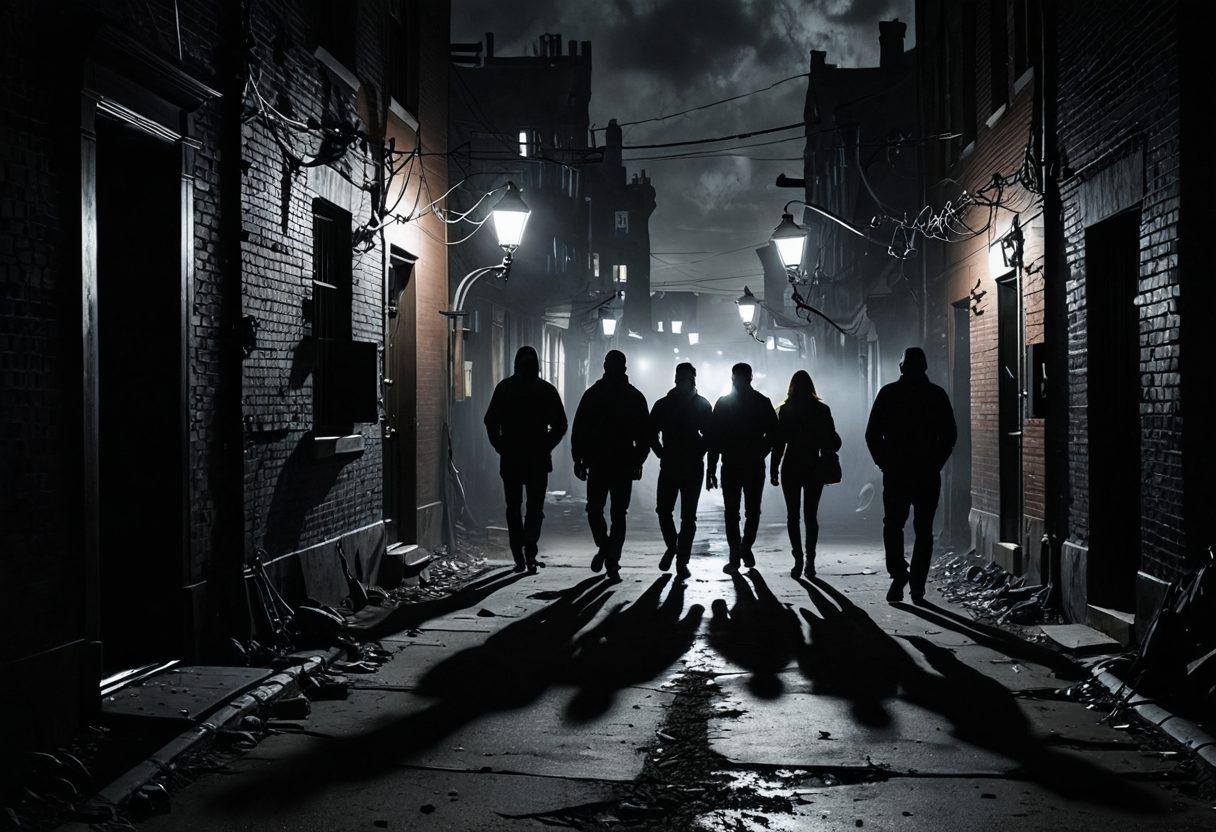 A haunting yet thought-provoking collage depicting a shadowy alley with silhouettes of individuals, a shattered camera on the ground symbolizing lost privacy, and dark clouds symbolizing the societal impact. Subtle imagery of chains to signify coercion and a faint glow of a distant streetlight representing hope. The overall mood is somber with contrasting lights and shadows to evoke emotion. super-realistic. dark tones. dramatic lighting.