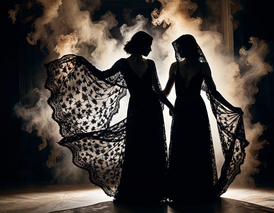 A shadowy, abstract representation of two figures caught in a dance of tension, one cloaked in dark lace and the other in a stark contrast of muted tones. A backdrop of fragmented imagery soars with whispers of hidden desires and societal taboos. Infuse the scene with a sense of danger and allure, hinting at the complexity of consent and desire. Dramatic lighting casts haunting shadows and accentuates the fabrics, creating a captivating yet unsettling atmosphere. surreal art. dark colors. high contrast.